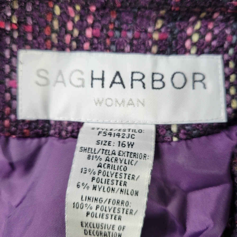 Sag Harbor Tweed Blazer Size 16W Fringe Trim Pockets Removable Pin Purple New - Picture 12 of 15